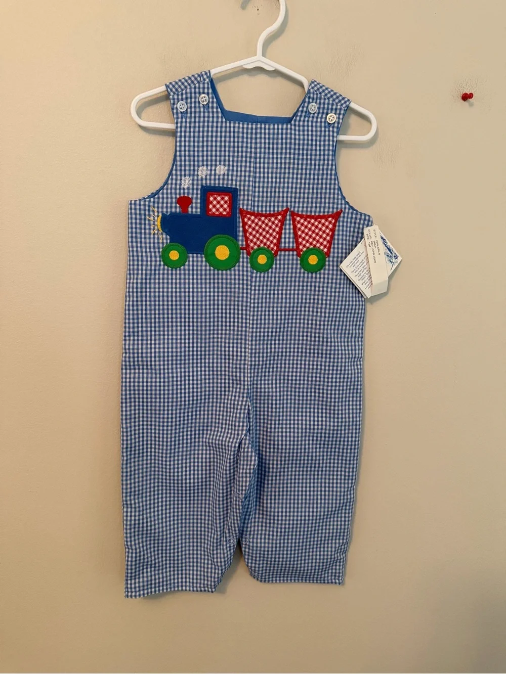 The Bailey Boys Blue Gingham Train Reversible with Fall Pumpkins Jon Jon